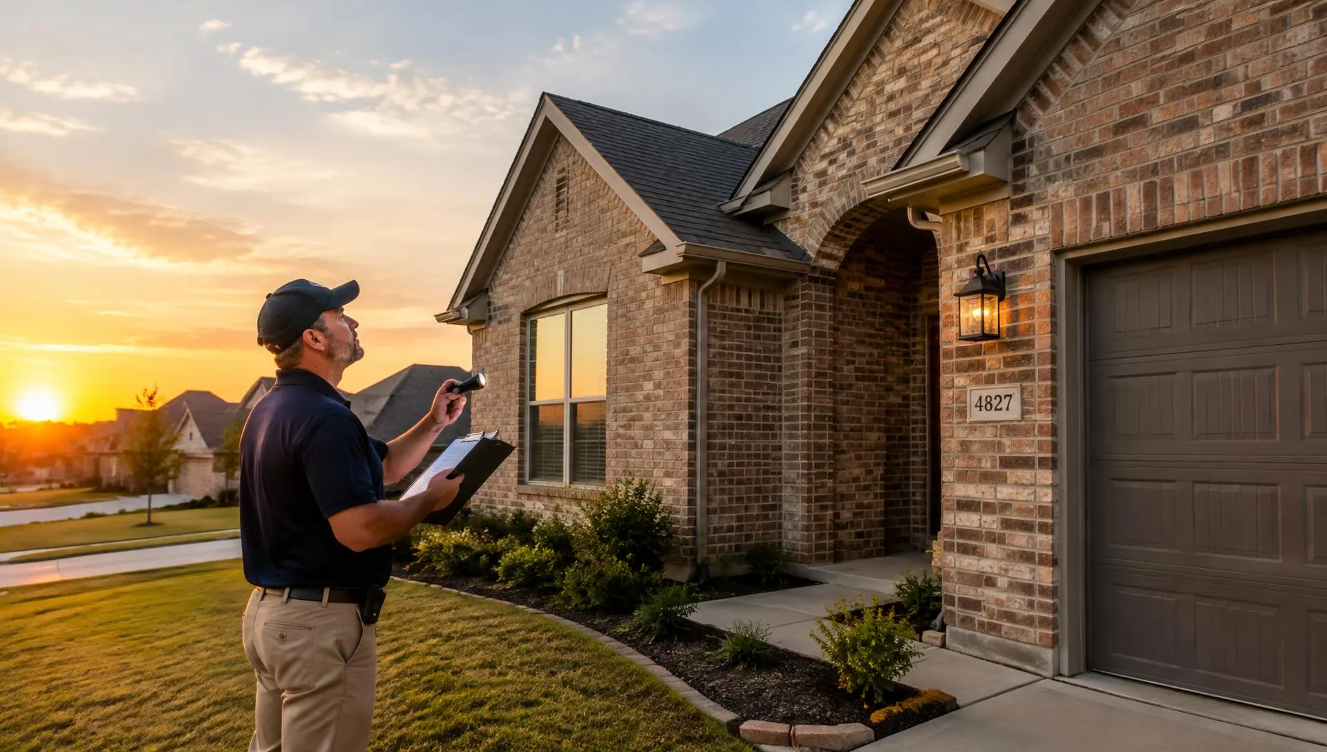 Home inspector reviewing the exterior of a brick DFW home at sunset